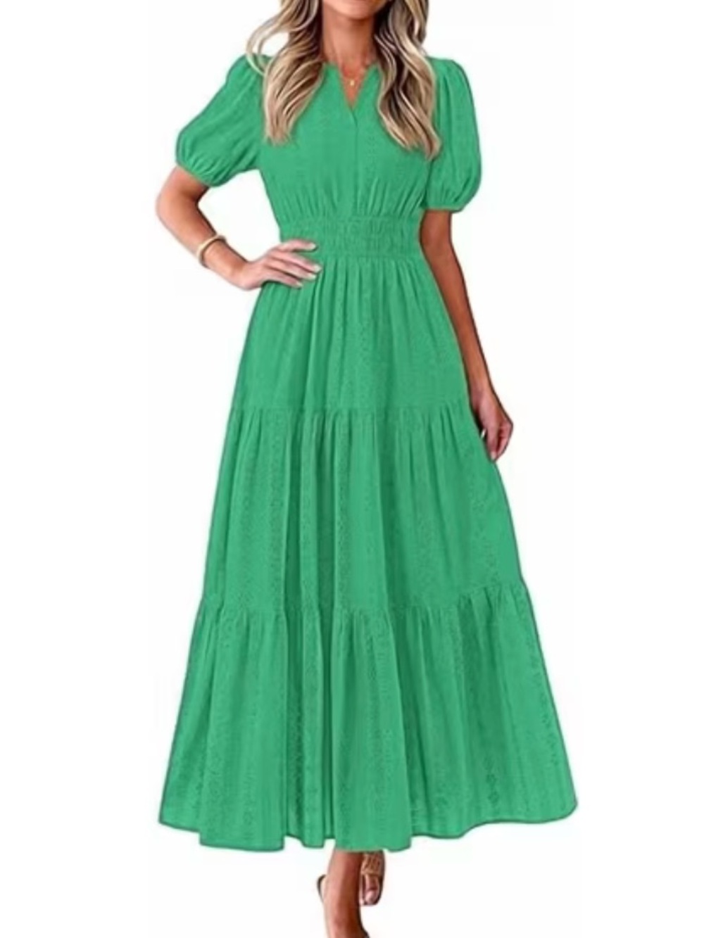 PRETTYGARDEN Green Tiered Maxi Dress with Puff Sleeves